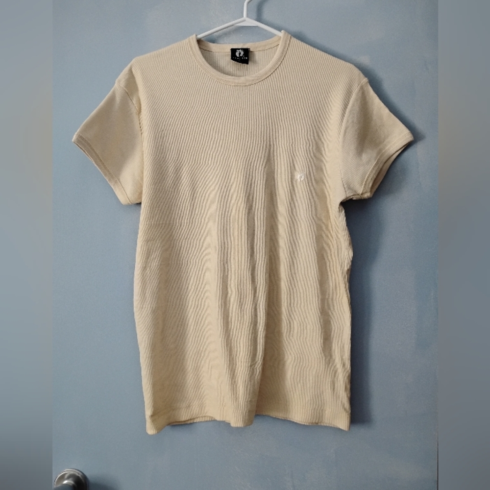 Brand New Deadstock Vintage 1980s HANG TEN Cream Ribbed Cotton Tee L